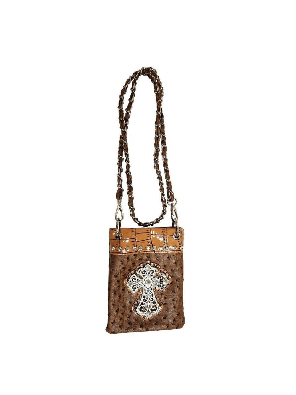 Western Style Tan & Brown Leather Crossbody Bag Purse With Rhinestones & Chain S